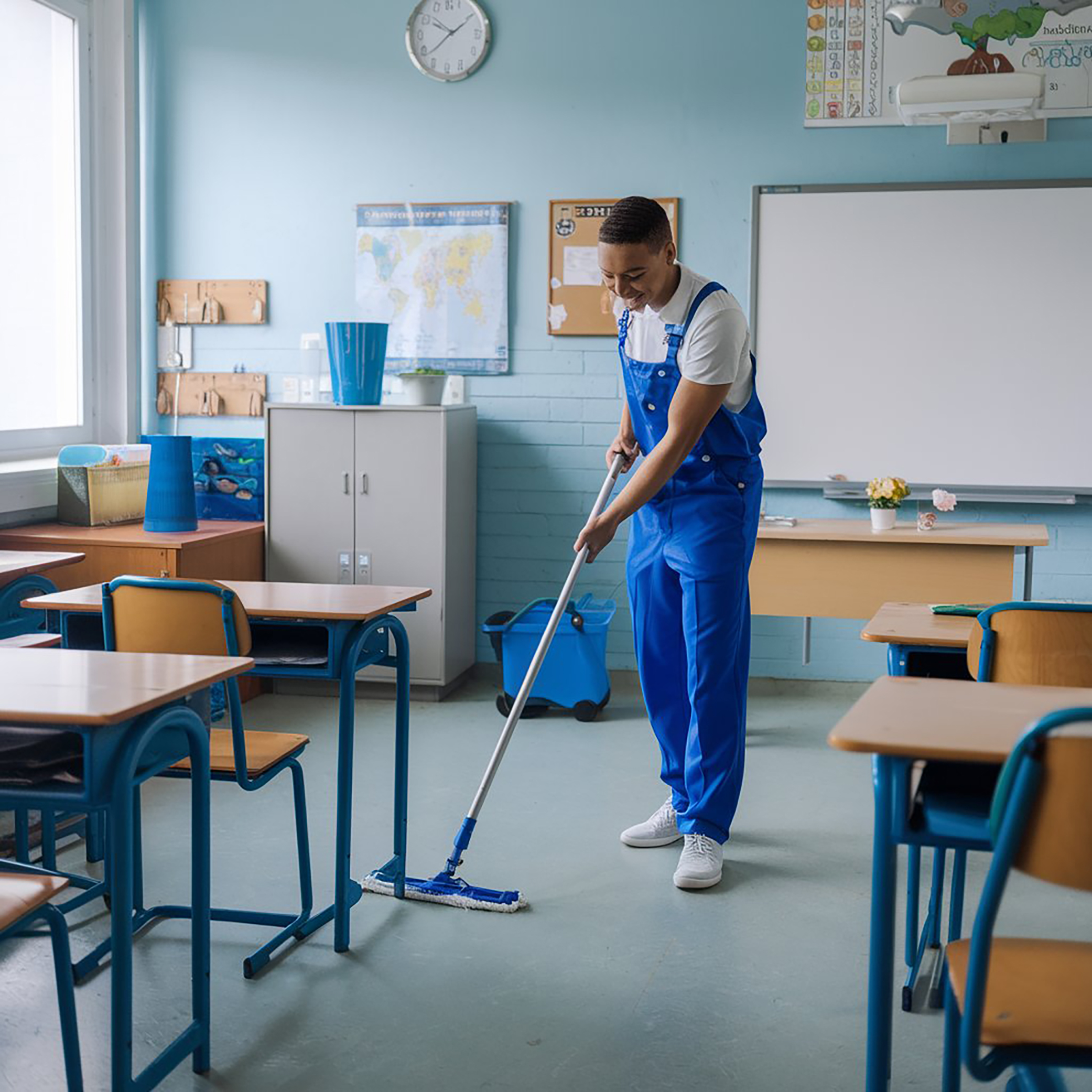 Operario con uniforme azul barriendo el suelo de un aula o centro educativo